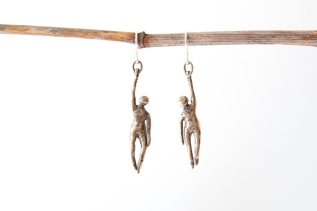 BRONZE Hang in There Buddy Earrings. Sterling silver. 1 1/2" x 1/2"