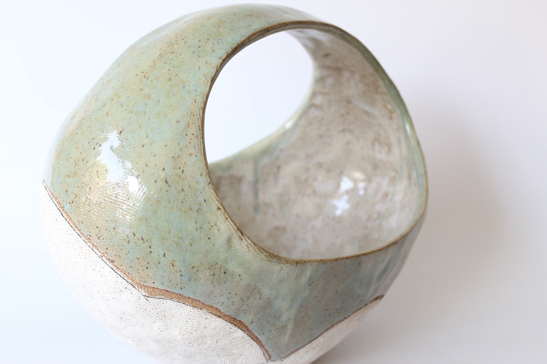 000. Large Hand Built Cloud Basket Bowl with Turquoise Glaze. 17"w x 10.5"d x 13"h