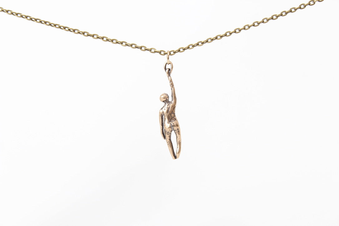 BRONZE Hang in There Buddy (looking UP) Pendant Necklace. Sterling silver. 1 1/2" x 1/2". Select chain length 18, 24 inch