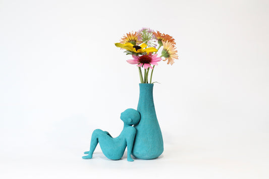 103. Teal Vase Buddy - 5.5" height x 3" width x 6" depth (two pieces)