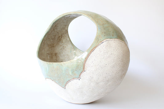 000. Large Hand Built Cloud Basket Bowl with Turquoise Glaze. 17"w x 10.5"d x 13"h