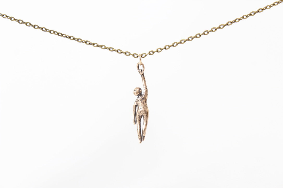 BRONZE Hang in There Buddy (looking down) Pendant Necklace. Sterling silver. 1 1/2" x 1/2". Select chain length 18, 24 inch