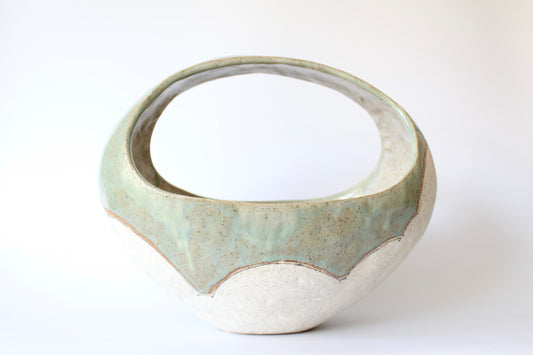 000. Large Hand Built Cloud Basket Bowl with Turquoise Glaze. 17"w x 10.5"d x 13"h