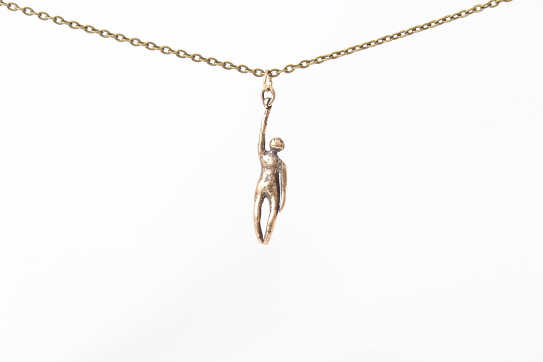 BRONZE Hang in There Buddy (looking UP) Pendant Necklace. Sterling silver. 1 1/2" x 1/2". Select chain length 18, 24 inch