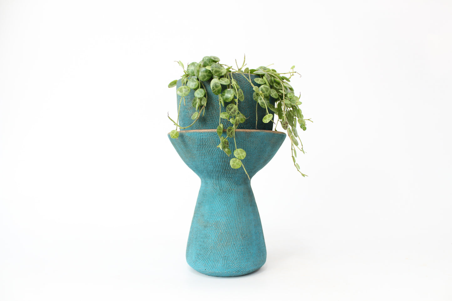 054. Textured Pedestal Planter  - Teal - medium pot - 9''h x 5.5''w