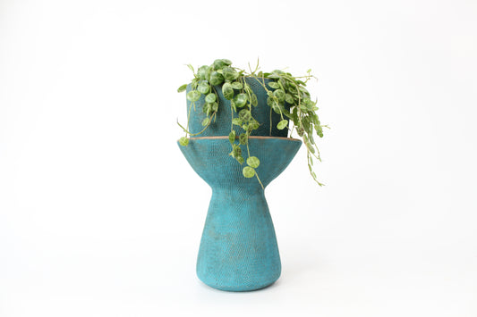 054. Textured Pedestal Planter  - Teal - medium pot - 9''h x 5.5''w