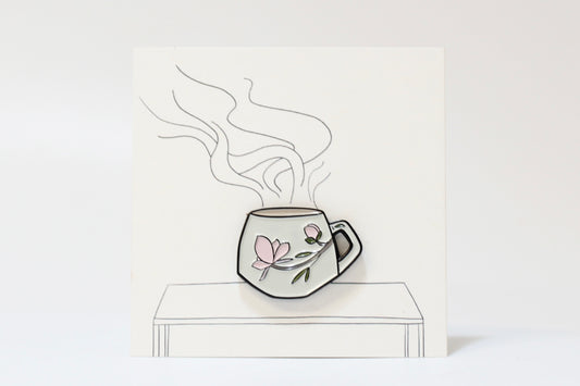 Enamel Magnolia Mug Pin. 1 inch.