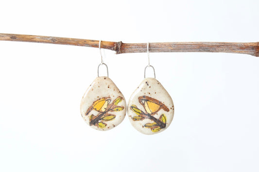 065. Yellow Bird Disk Earrings. 1" x 1 1/4"