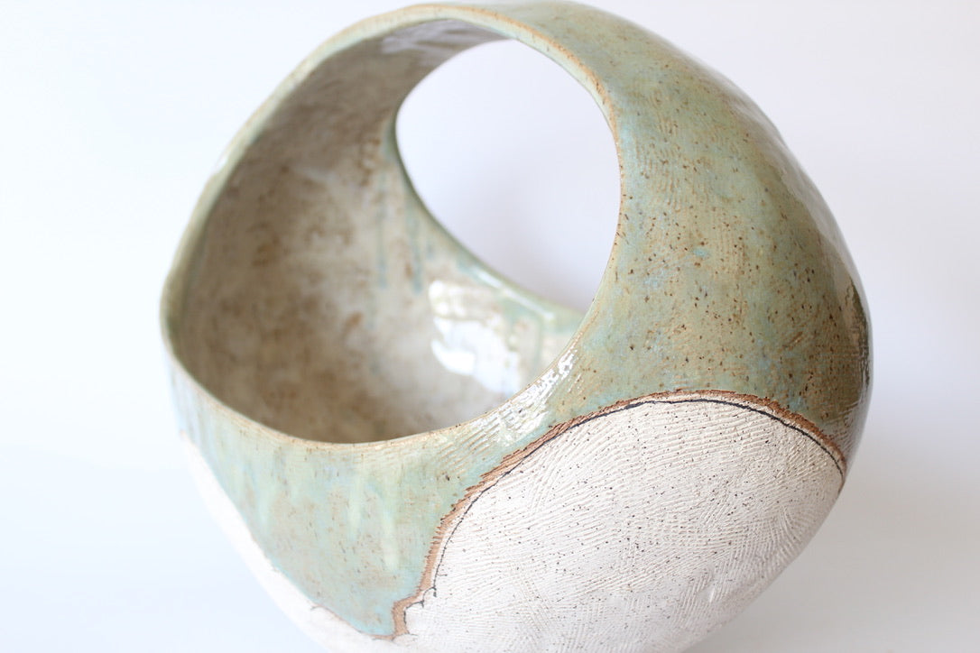 000. Large Hand Built Cloud Basket Bowl with Turquoise Glaze. 17"w x 10.5"d x 13"h