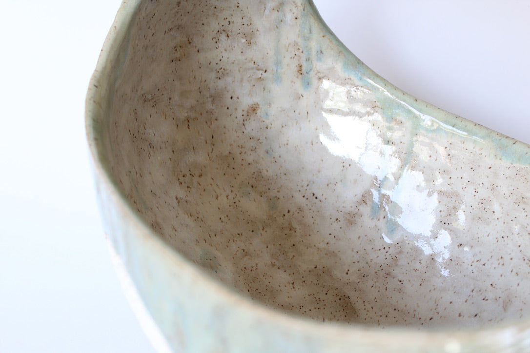 000. Large Hand Built Cloud Basket Bowl with Turquoise Glaze. 17"w x 10.5"d x 13"h