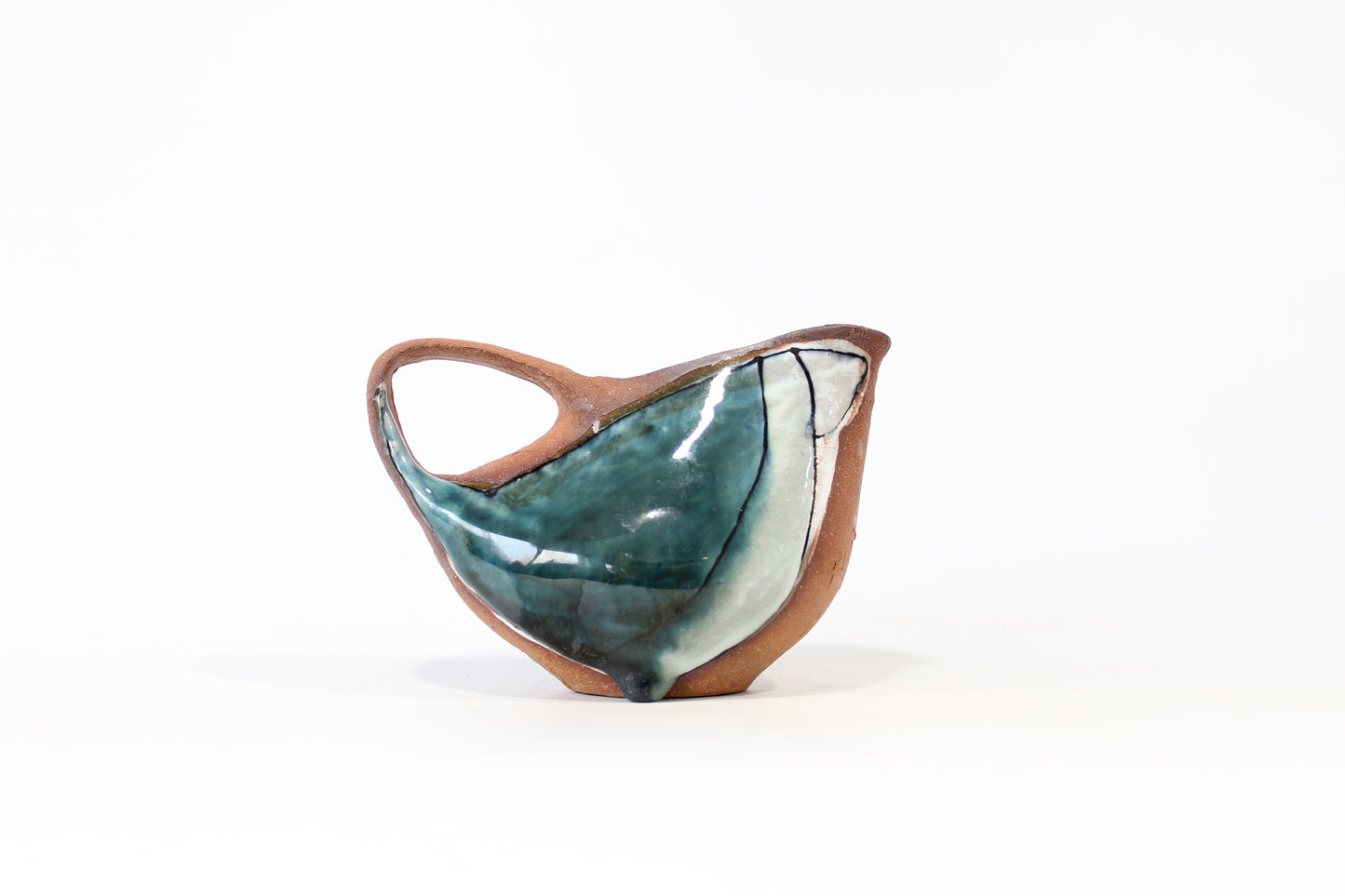 083. Small Muted Teal Bird Pitcher - 4" x 5.5" x 3.5", 10oz.