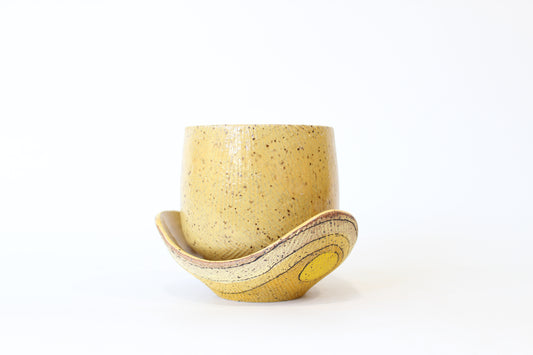 047. Textured Yellow Wave with Circles Planter with Tray - small pot - 3.5''h x 4.5''w