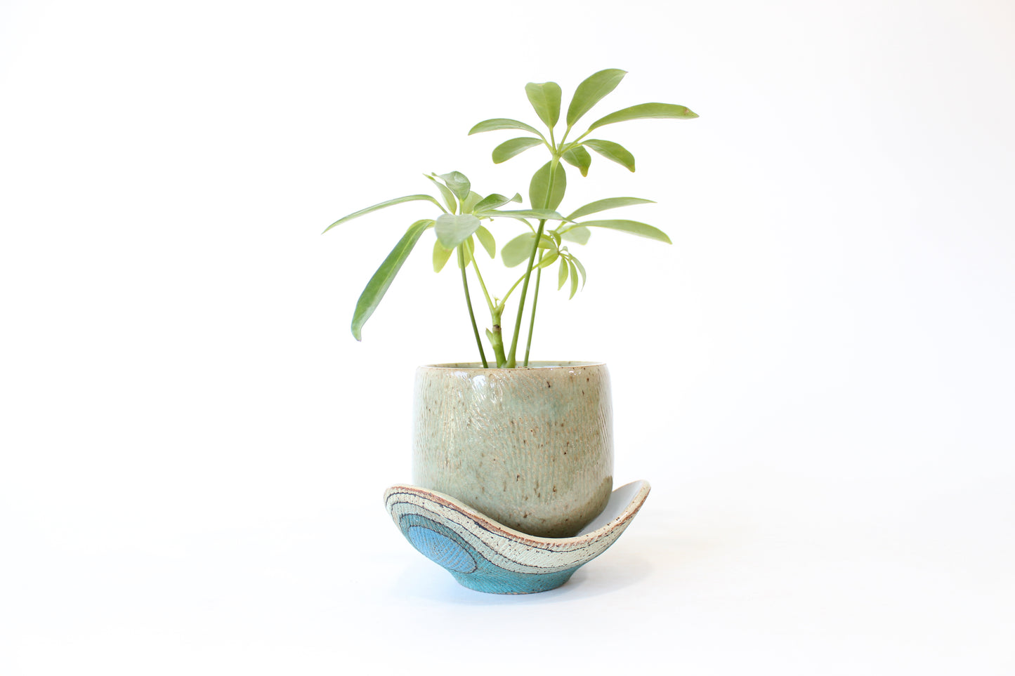 048. Textured Blue Wave with Circles Planter with Tray - small pot - 3.5''h x 4.5''w