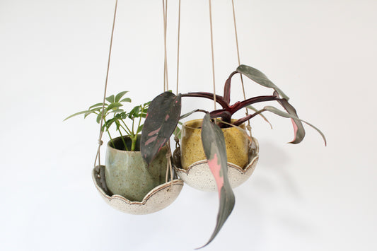 000. Turquoise or Yellow Textured Cloud Hanging Planter with Tray approx. 4''h x 4''w - SMALL Size Pot