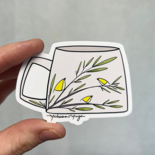 Mug with Yellow Birds STICKER. 3 x 2 inches. SCROLL DOWN to build you sticker pack - 20% off two or more