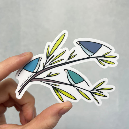 Three Blue Birds STICKER. 4 x 3 inches. SCROLL DOWN to build you sticker pack - 20% off two or more