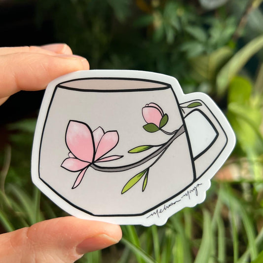 Mug with Magnolias STICKER. 3 x 2 inches. SCROLL DOWN to build you sticker pack - 20% off two or more